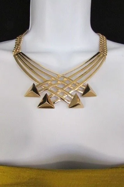 Gold Metal Chains Arrows Strands 14" Necklace Earring Set