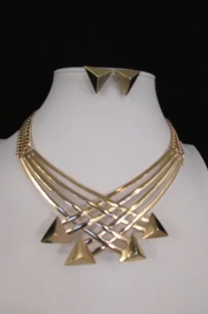 Gold Metal Chains Arrows Strands 14" Necklace Earring Set