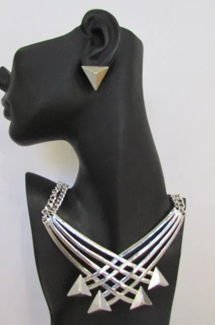 Gold Metal Chains Arrows Strands 14" Necklace Earring Set