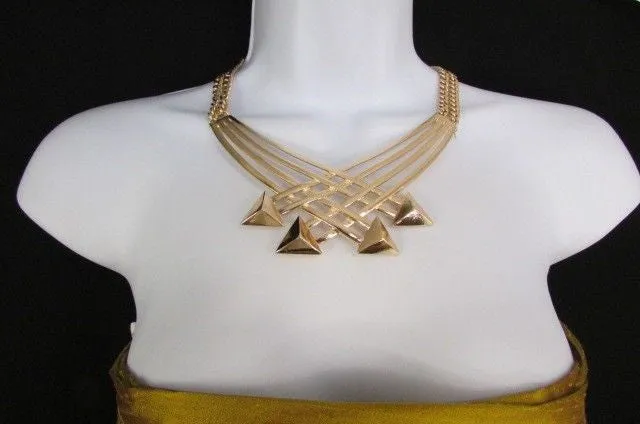 Gold Metal Chains Arrows Strands 14" Necklace Earring Set