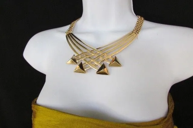 Gold Metal Chains Arrows Strands 14" Necklace Earring Set