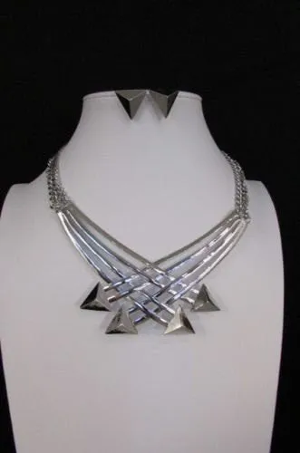 Gold Metal Chains Arrows Strands 14" Necklace Earring Set