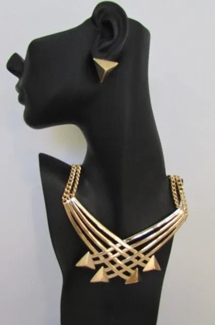 Gold Metal Chains Arrows Strands 14" Necklace Earring Set