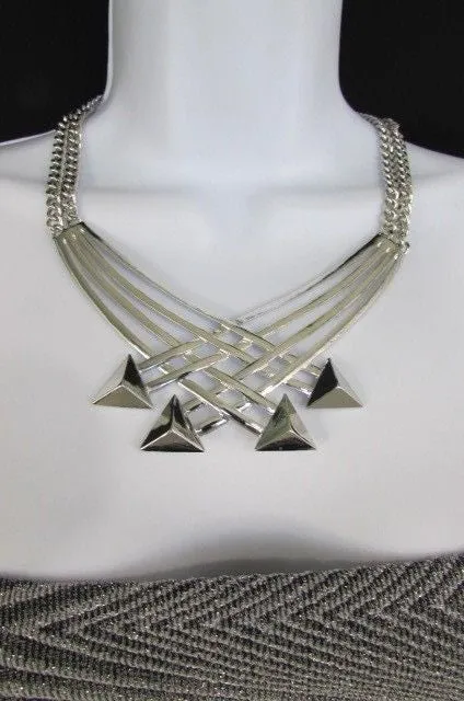 Gold Metal Chains Arrows Strands 14" Necklace Earring Set