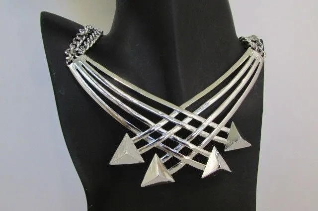 Gold Metal Chains Arrows Strands 14" Necklace Earring Set
