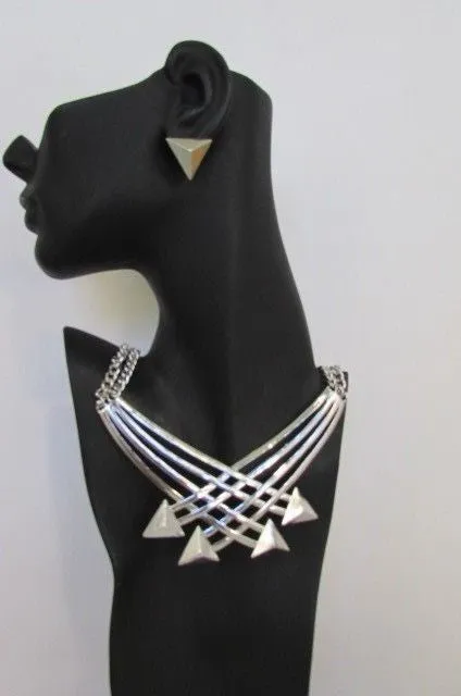 Gold Metal Chains Arrows Strands 14" Necklace Earring Set
