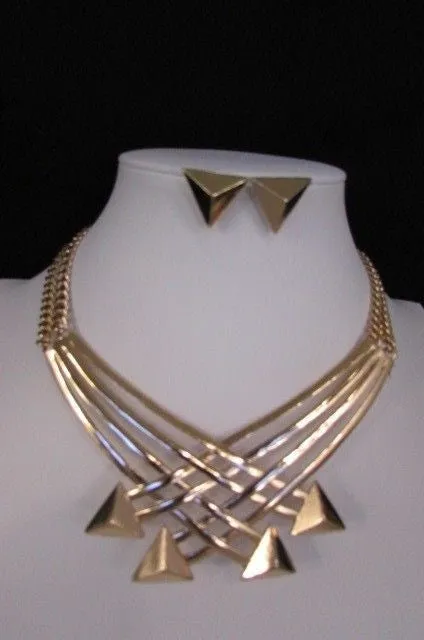 Gold Metal Chains Arrows Strands 14" Necklace Earring Set