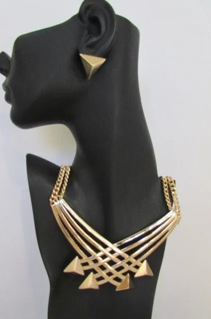 Gold Metal Chains Arrows Strands 14" Necklace Earring Set