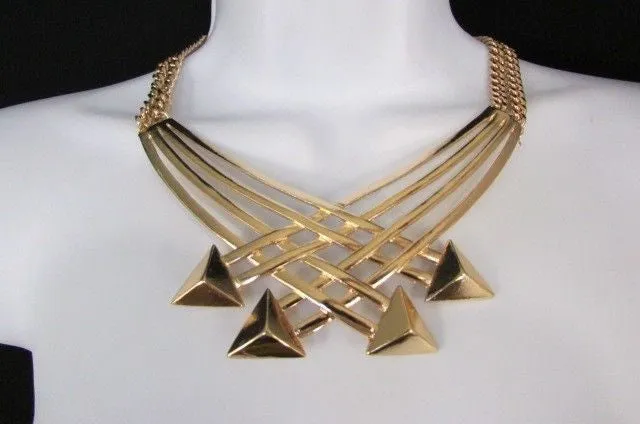 Gold Metal Chains Arrows Strands 14" Necklace Earring Set