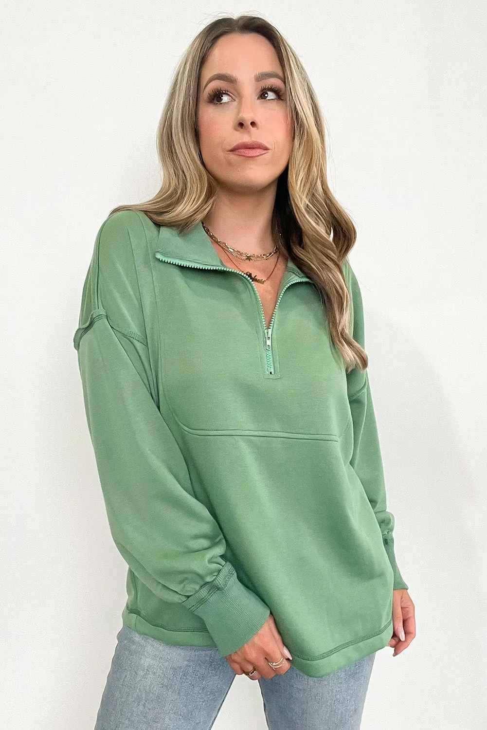 Green Casual Loose Zip Collared Pullover Sweatshirt