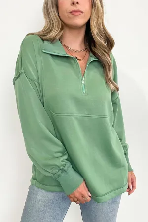 Green Casual Loose Zip Collared Pullover Sweatshirt