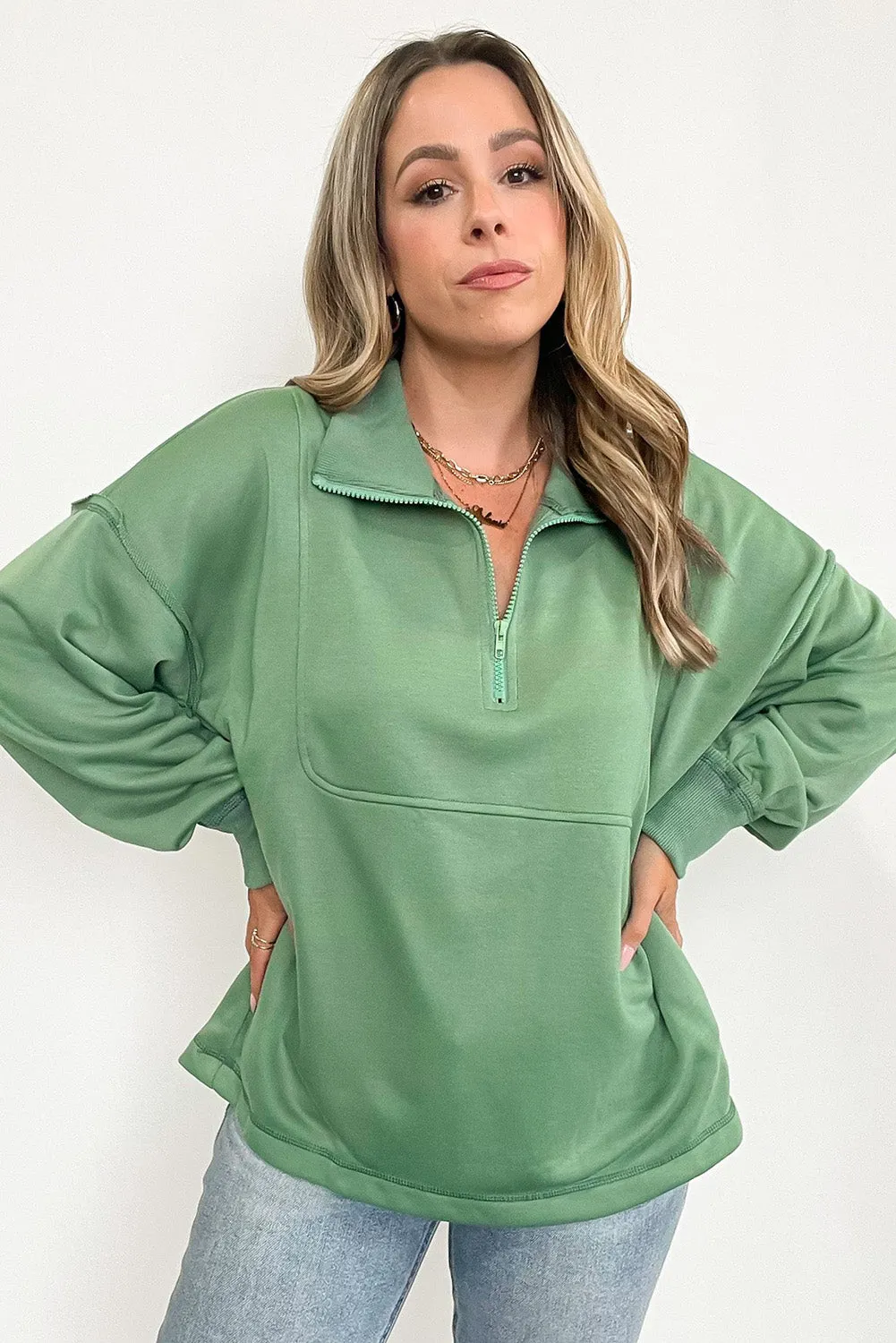 Green Casual Loose Zip Collared Pullover Sweatshirt
