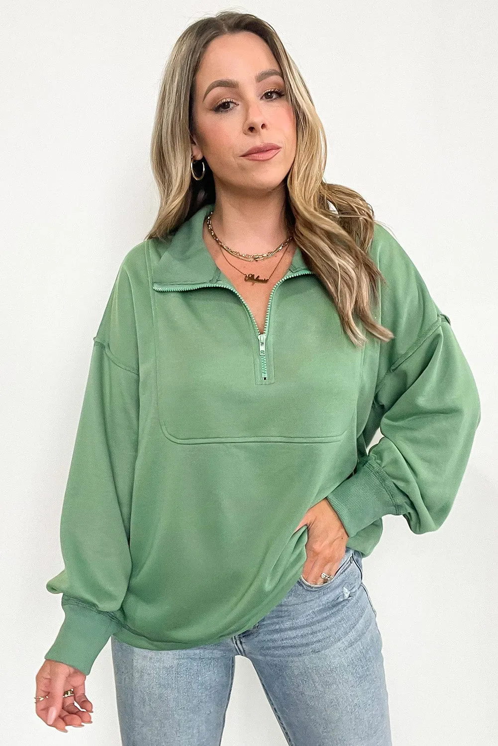 Green Casual Loose Zip Collared Pullover Sweatshirt