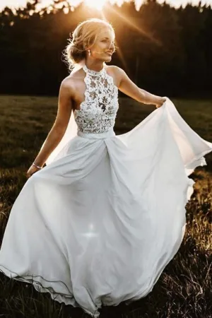 Halter Lace Beach Wedding Dress with Chiffon Skirt