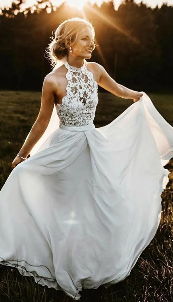 Halter Lace Beach Wedding Dress with Chiffon Skirt