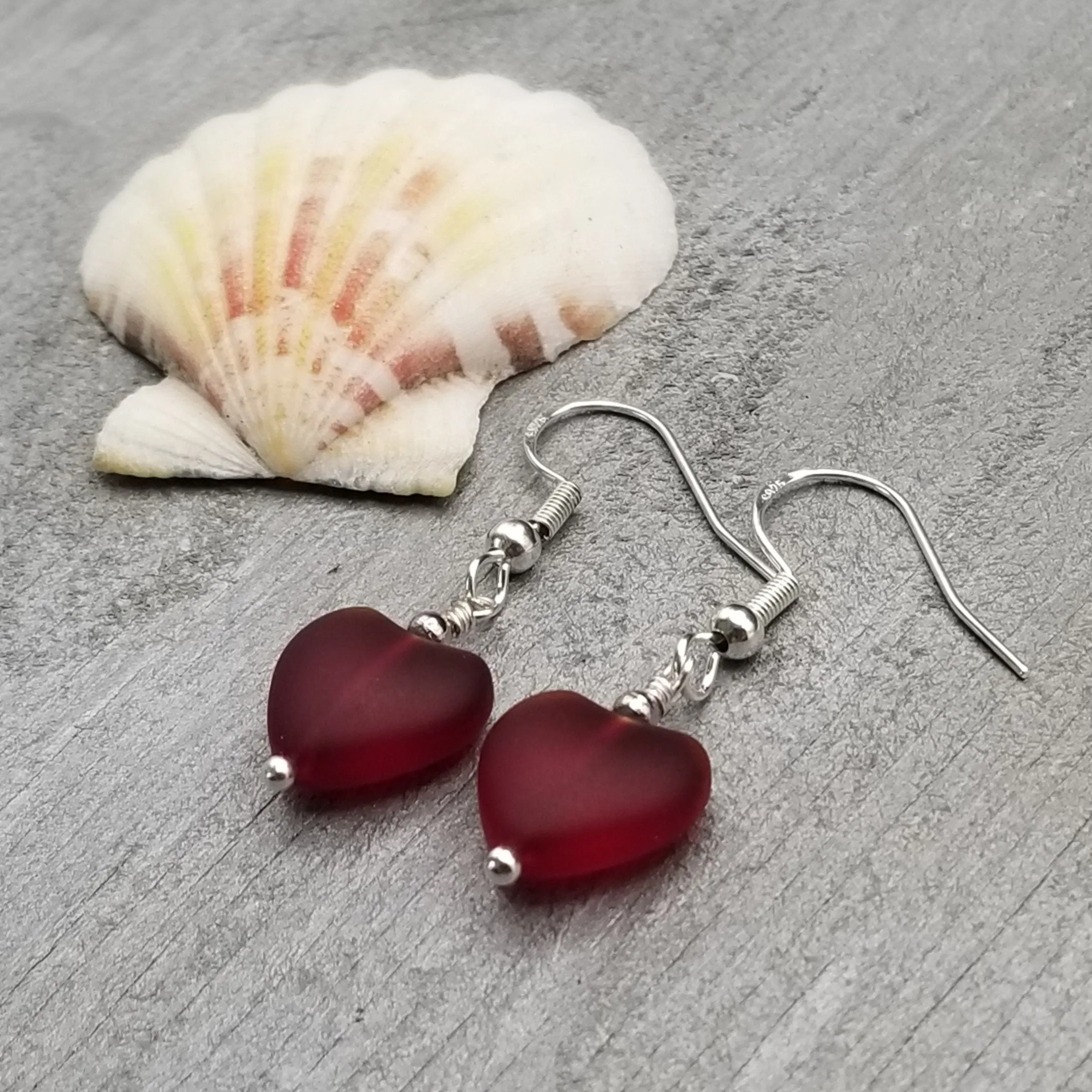 Handmade in Hawaii, Small "Twin Hearts" Ruby Red sea glass earrings,  Light Weight Earrings, "July Birthstone", Hawaii Gift Wrapped
