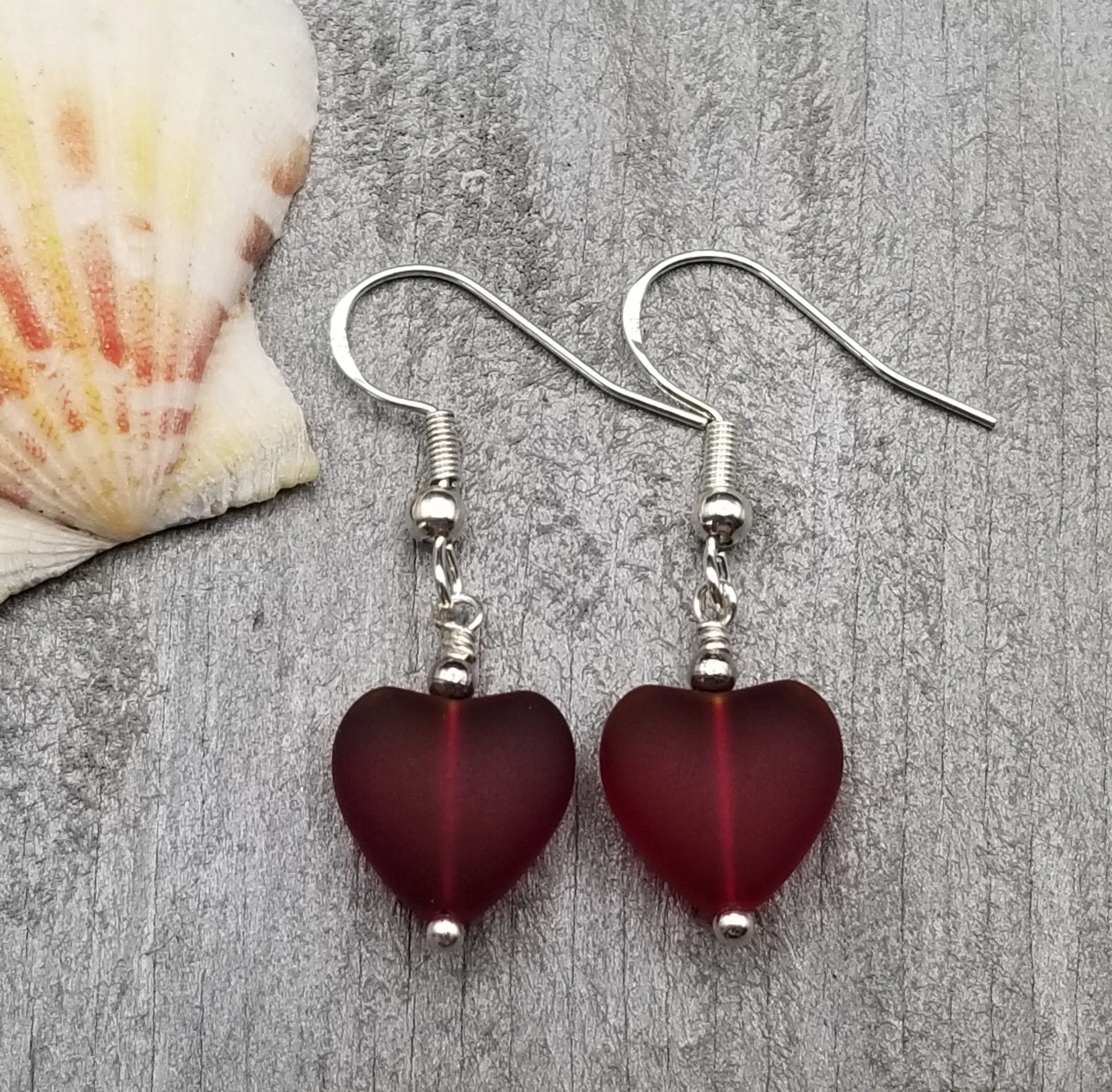 Handmade in Hawaii, Small "Twin Hearts" Ruby Red sea glass earrings,  Light Weight Earrings, "July Birthstone", Hawaii Gift Wrapped