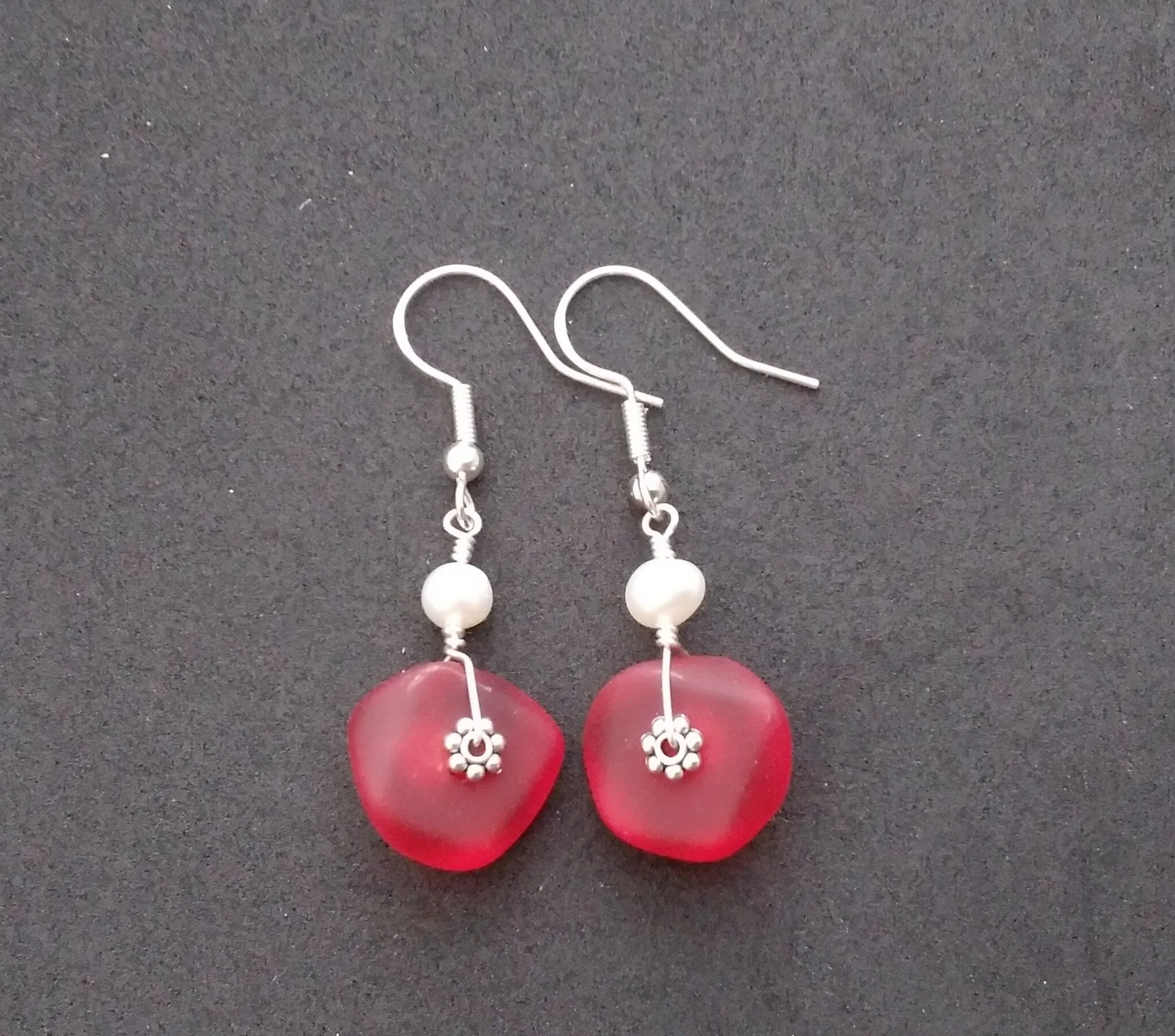 Hawaiian Jewelry Sea Glass Earrings, Light Weight Ruby Red Earrings, Pearl Sea Glass Jewelry Beach Jewelry Birthday Gift (July Birthstone)