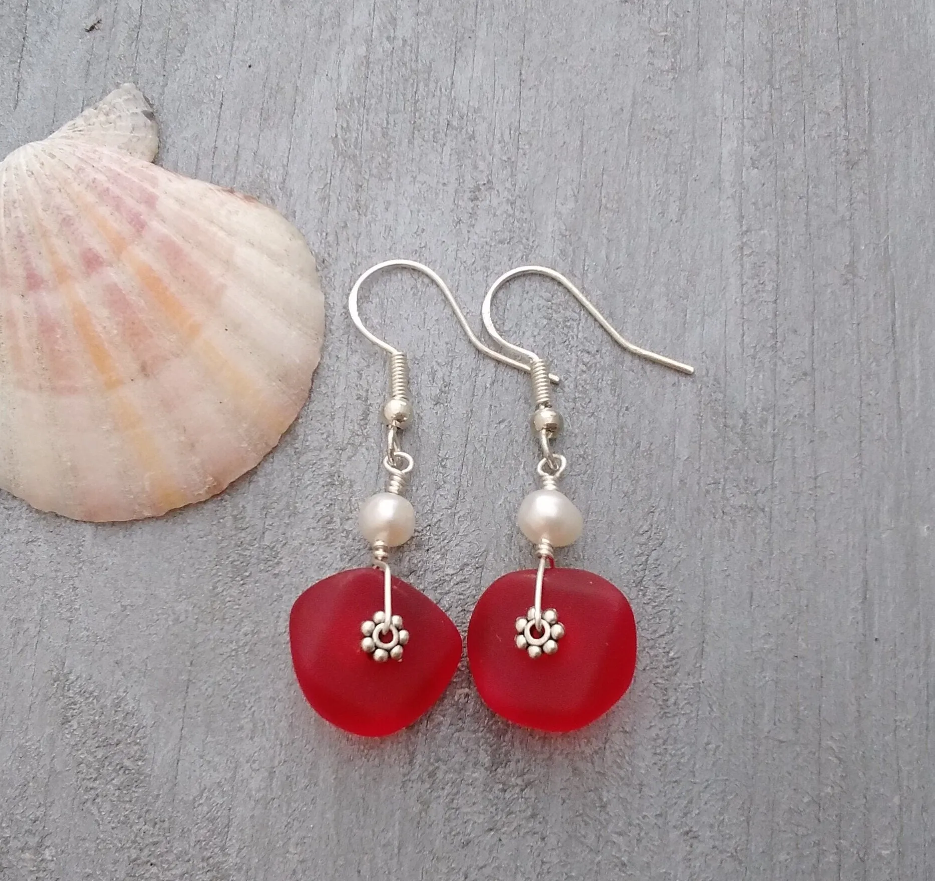 Hawaiian Jewelry Sea Glass Earrings, Light Weight Ruby Red Earrings, Pearl Sea Glass Jewelry Beach Jewelry Birthday Gift (July Birthstone)
