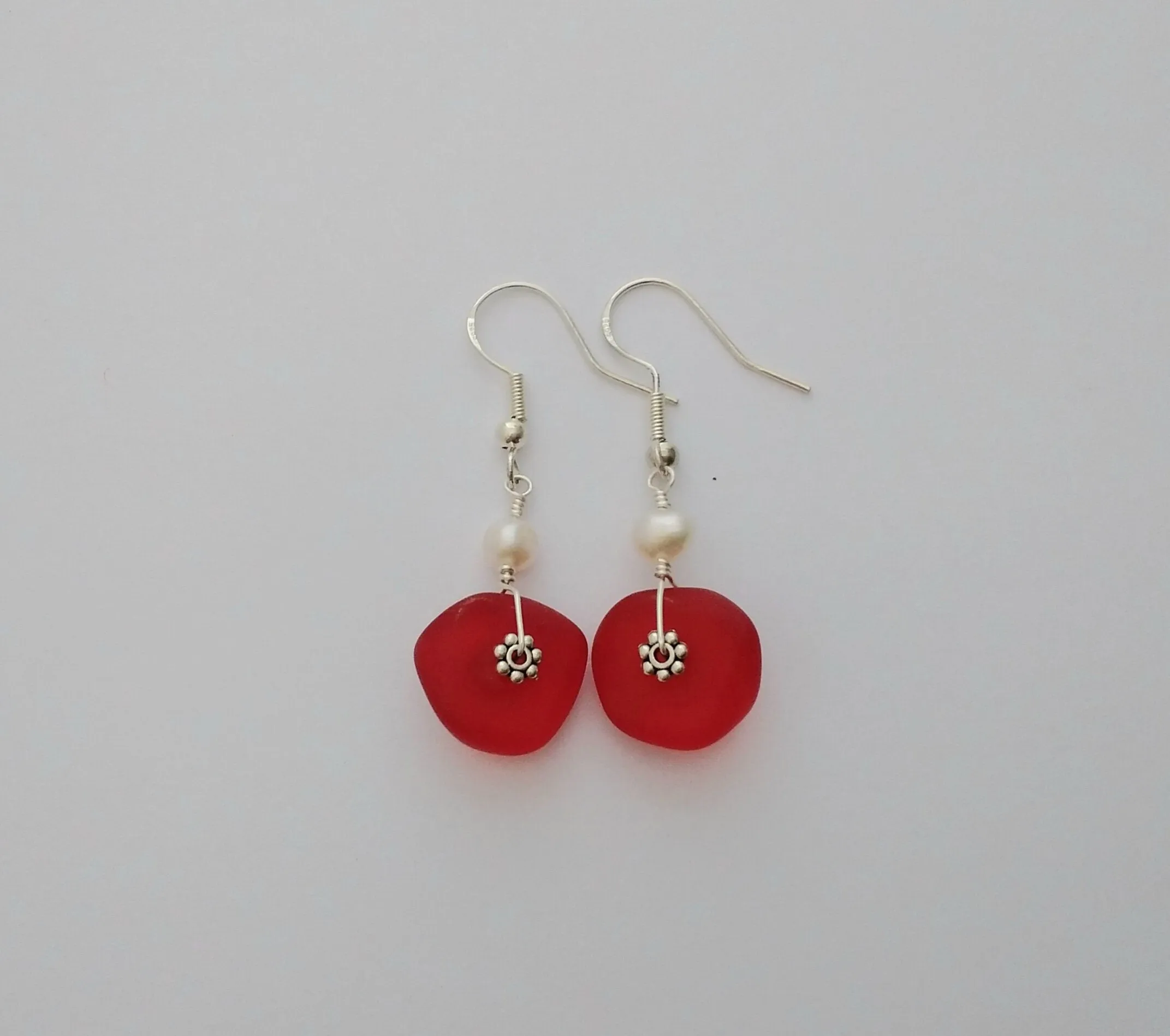 Hawaiian Jewelry Sea Glass Earrings, Light Weight Ruby Red Earrings, Pearl Sea Glass Jewelry Beach Jewelry Birthday Gift (July Birthstone)