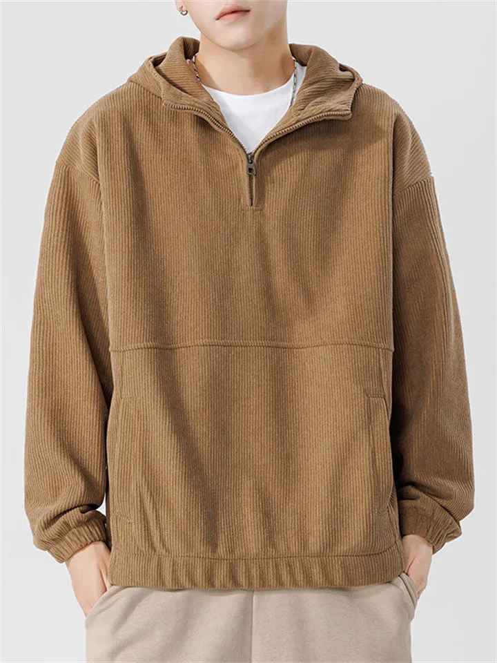Japanese Casual Quarter-Zip Vertical Stripe Textured Hoodies for Men