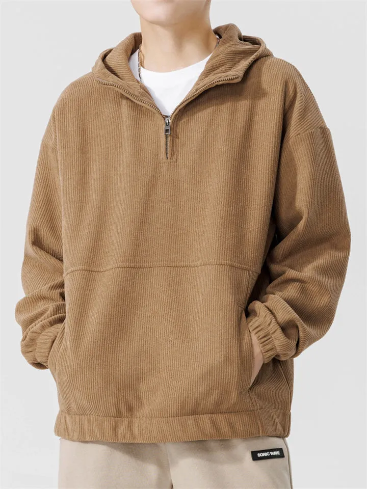 Japanese Casual Quarter-Zip Vertical Stripe Textured Hoodies for Men