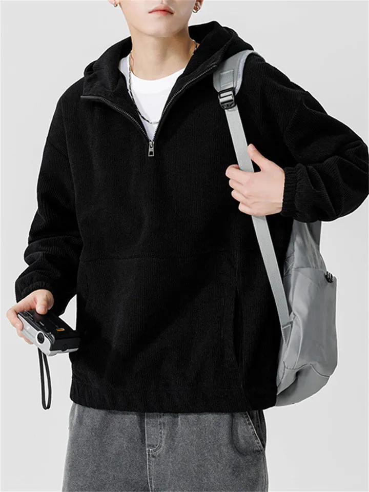 Japanese Casual Quarter-Zip Vertical Stripe Textured Hoodies for Men