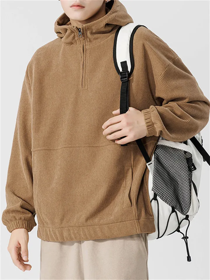 Japanese Casual Quarter-Zip Vertical Stripe Textured Hoodies for Men
