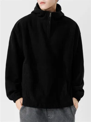 Japanese Casual Quarter-Zip Vertical Stripe Textured Hoodies for Men