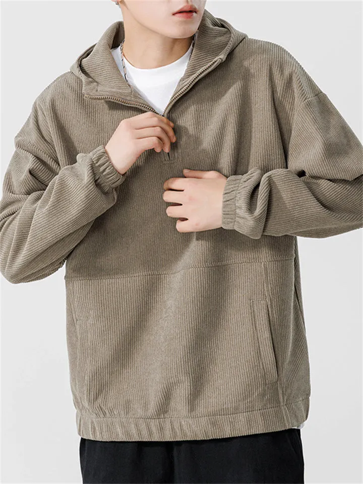 Japanese Casual Quarter-Zip Vertical Stripe Textured Hoodies for Men