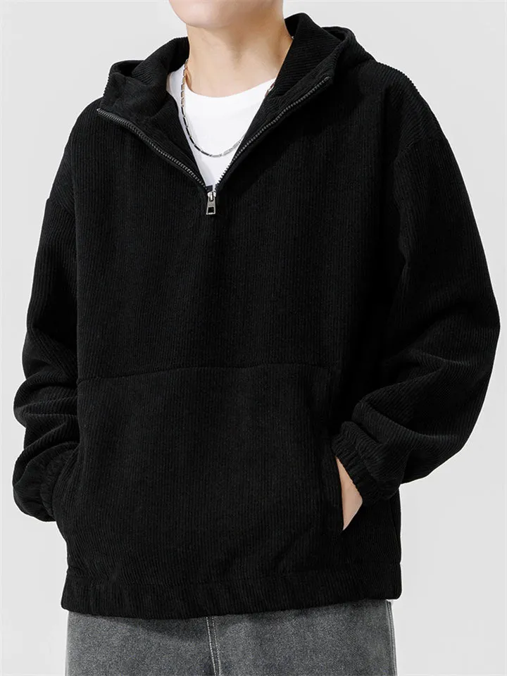 Japanese Casual Quarter-Zip Vertical Stripe Textured Hoodies for Men