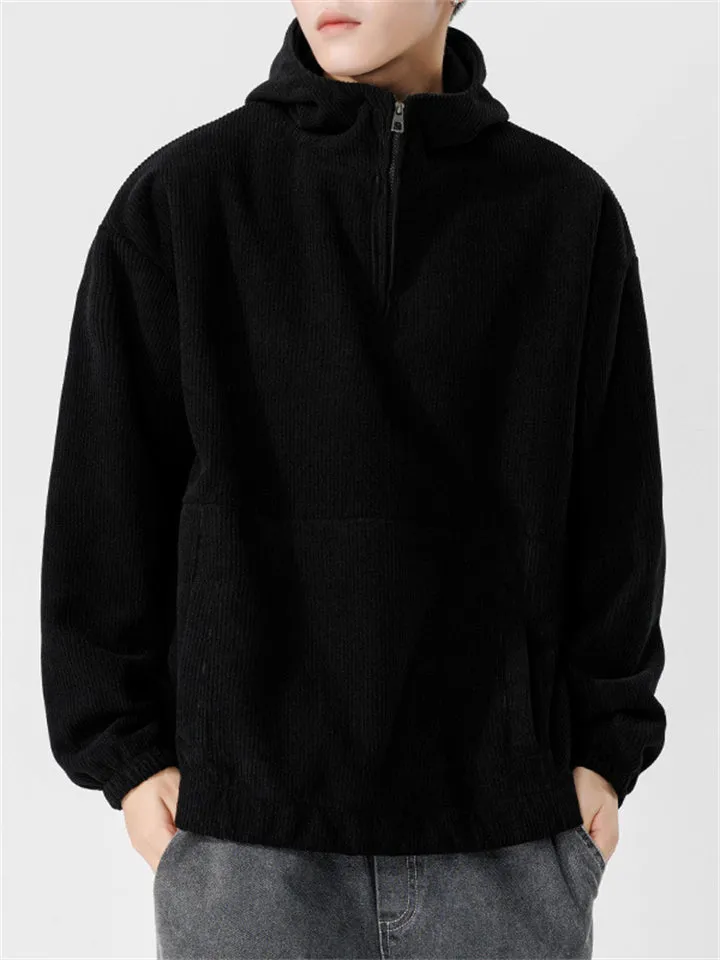 Japanese Casual Quarter-Zip Vertical Stripe Textured Hoodies for Men
