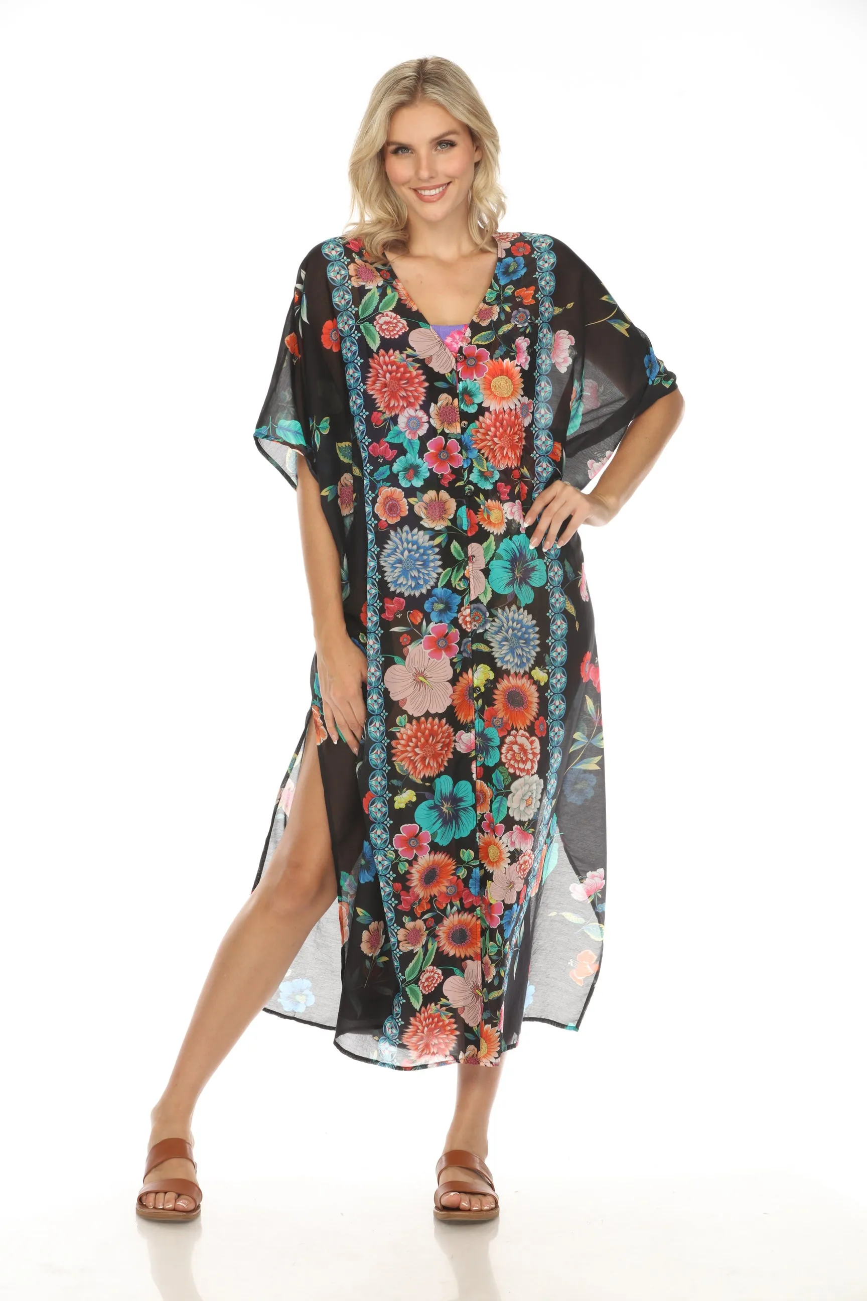 Johnny Was Evening Palace V-Neck Swim Cover-Up Kaftan Dress CSW5223-N