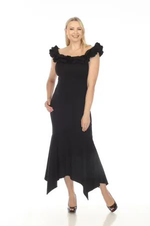 Joseph Ribkoff Black Ruffled Off-Shoulder Flowy Asymmetric Evening Dress 233741