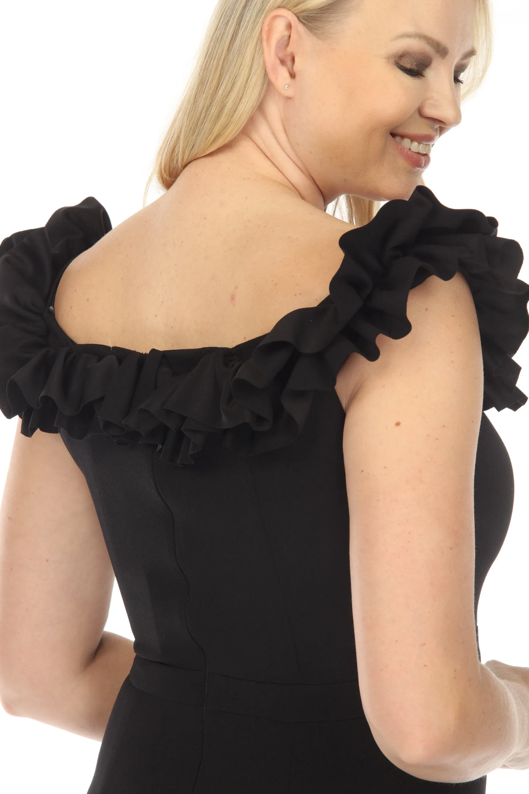 Joseph Ribkoff Black Ruffled Off-Shoulder Flowy Asymmetric Evening Dress 233741
