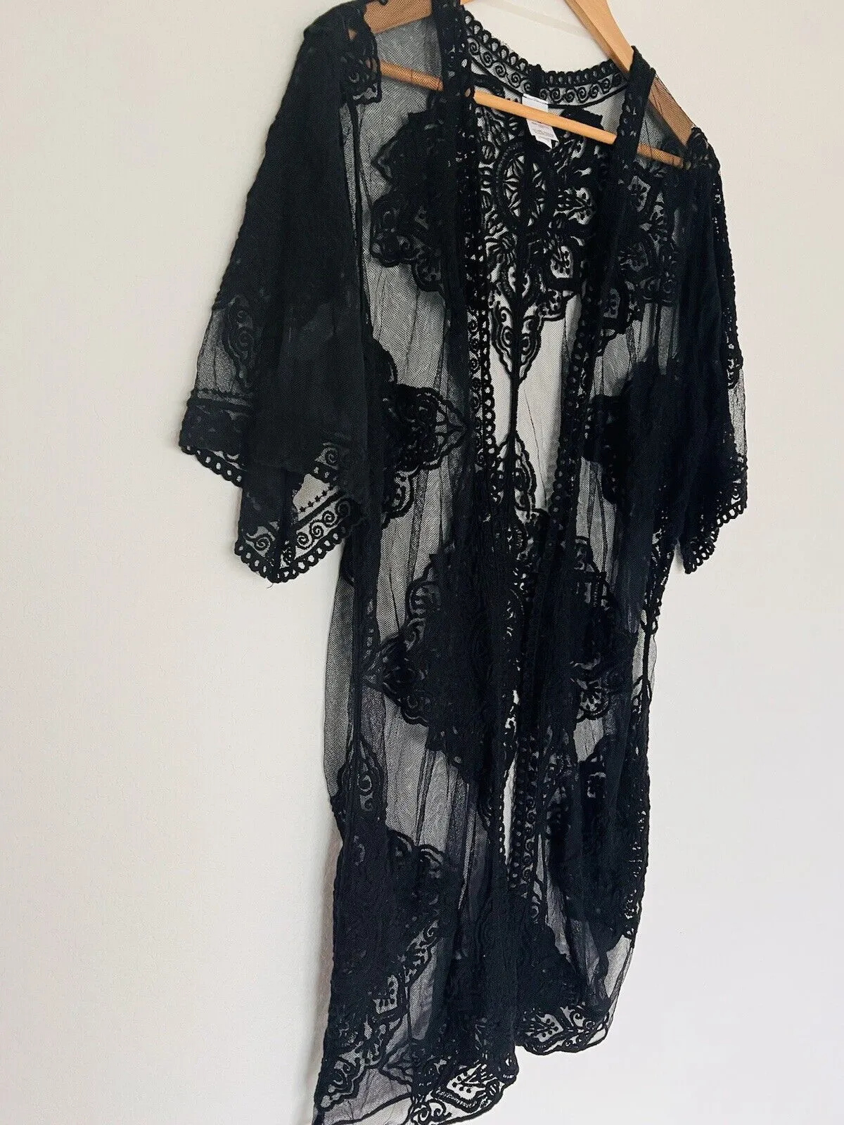 Lace Kimono Layering Cover Up Sz S-M Embroidered Floral Sheer Black Duster Boho
