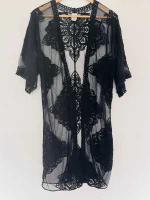 Lace Kimono Layering Cover Up Sz S-M Embroidered Floral Sheer Black Duster Boho
