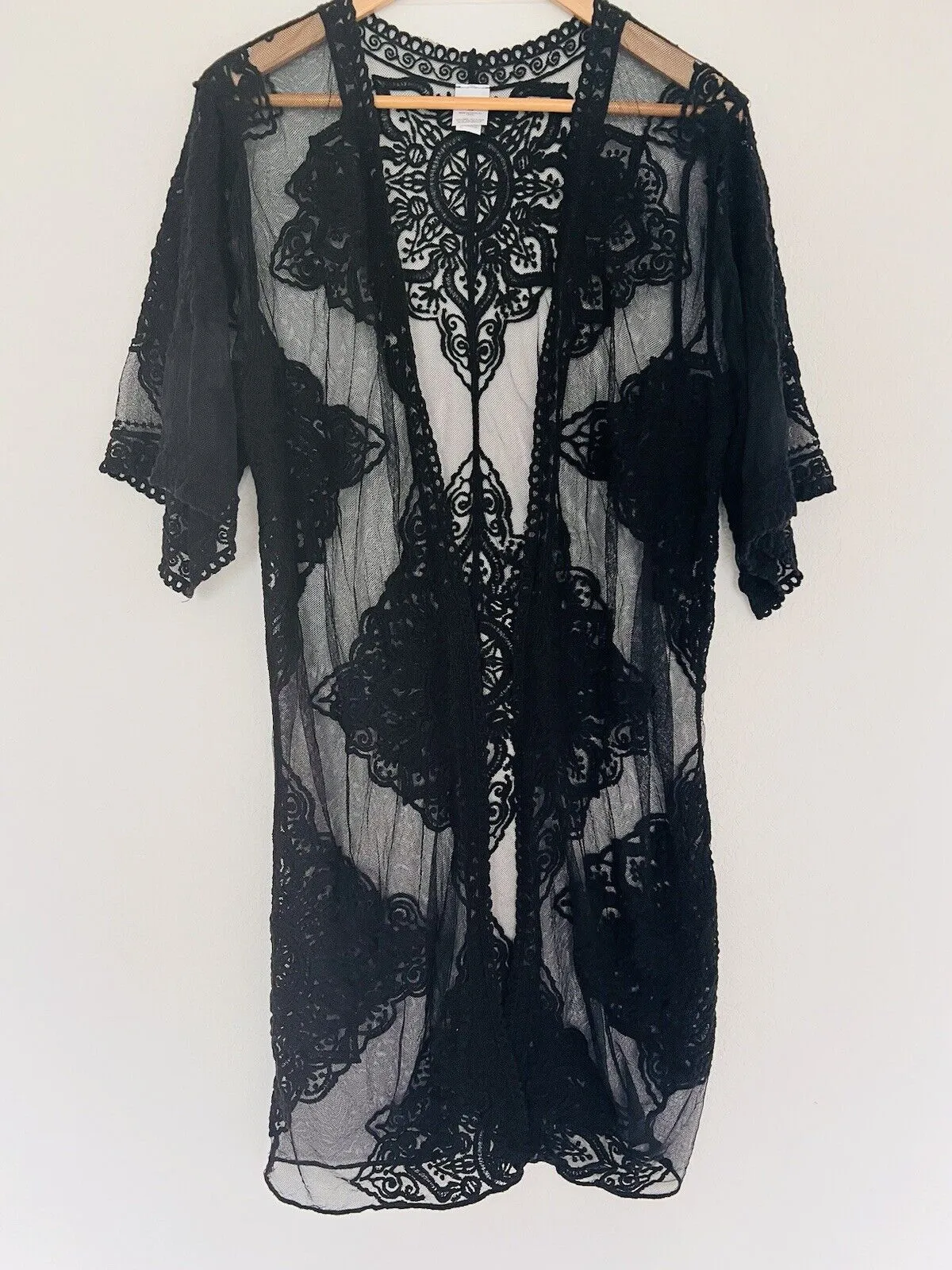 Lace Kimono Layering Cover Up Sz S-M Embroidered Floral Sheer Black Duster Boho