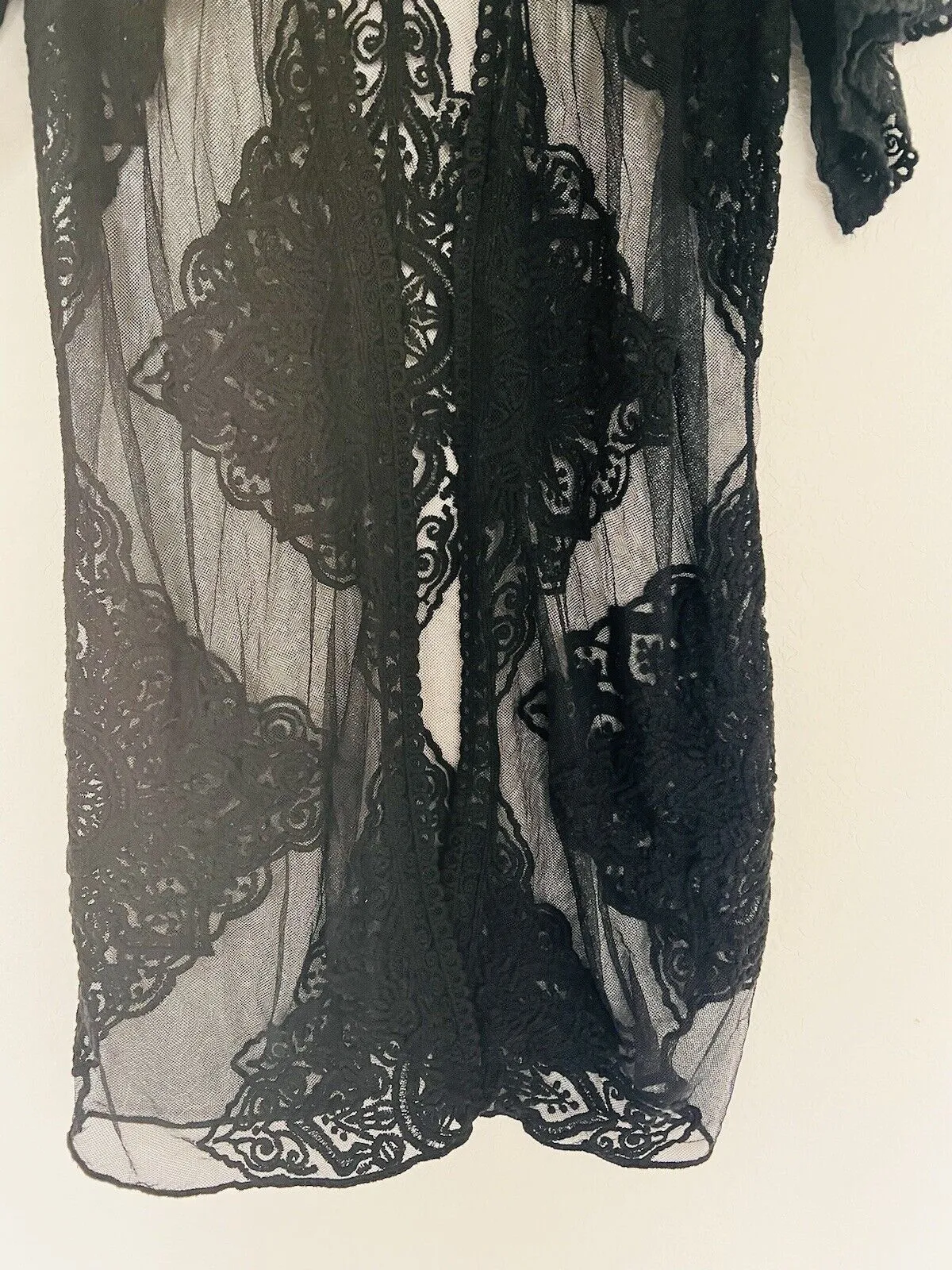 Lace Kimono Layering Cover Up Sz S-M Embroidered Floral Sheer Black Duster Boho