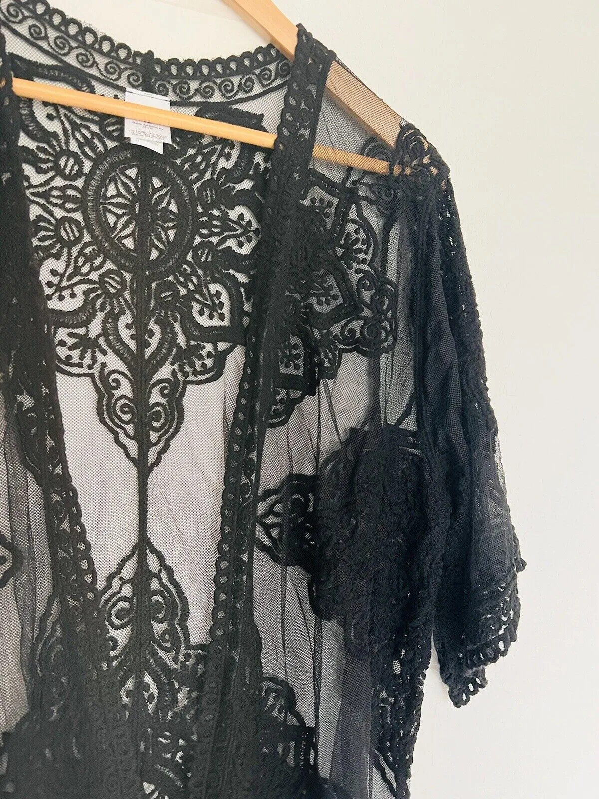 Lace Kimono Layering Cover Up Sz S-M Embroidered Floral Sheer Black Duster Boho
