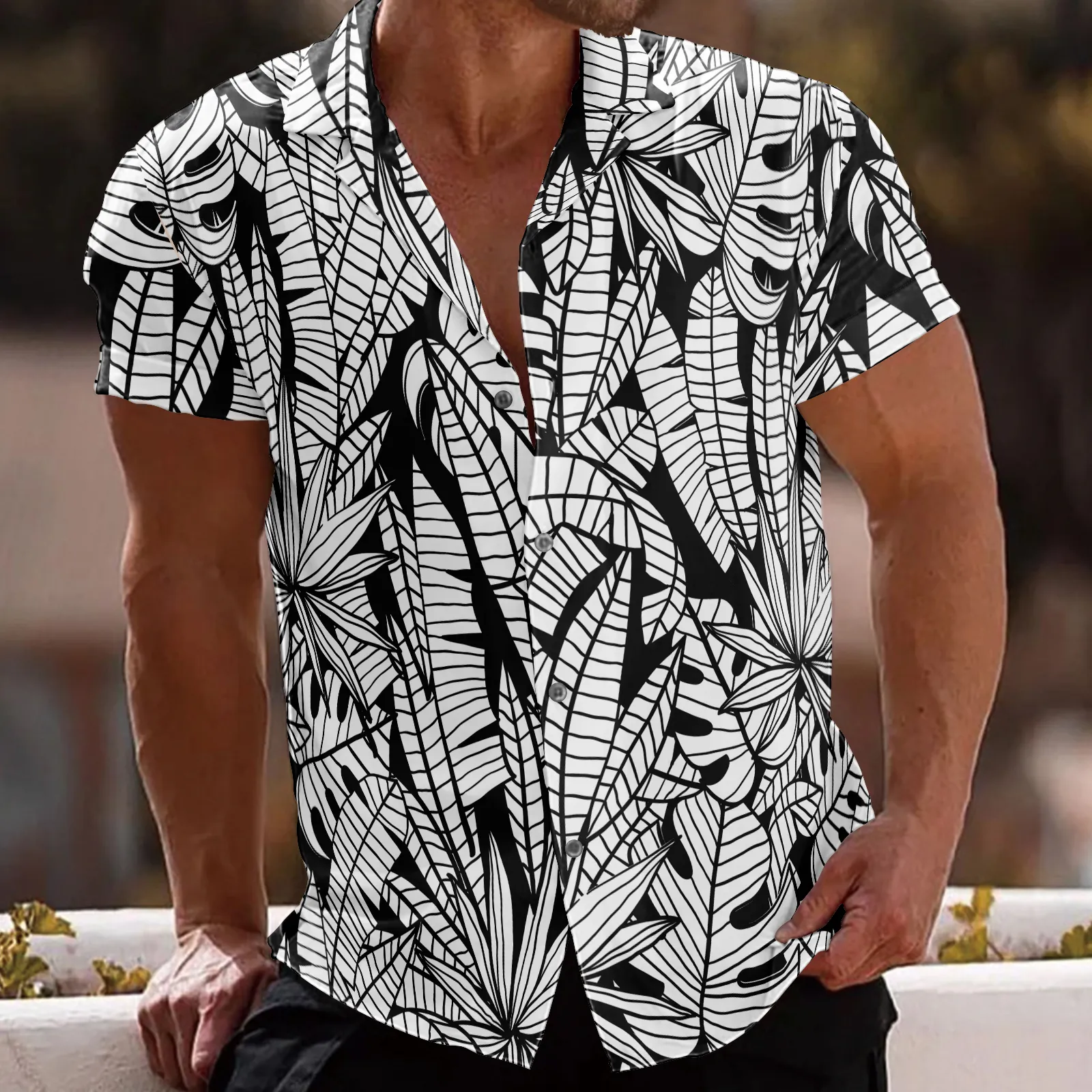 LEAVES PRINTED ALOHA SHIRT
