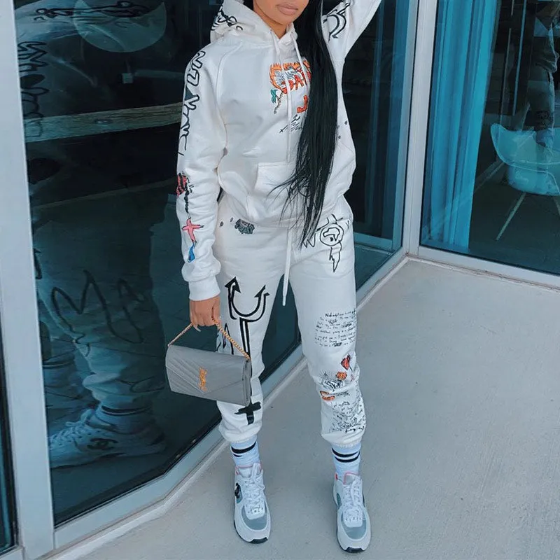 Letter Print Hoodies Casual Top & Pants Set