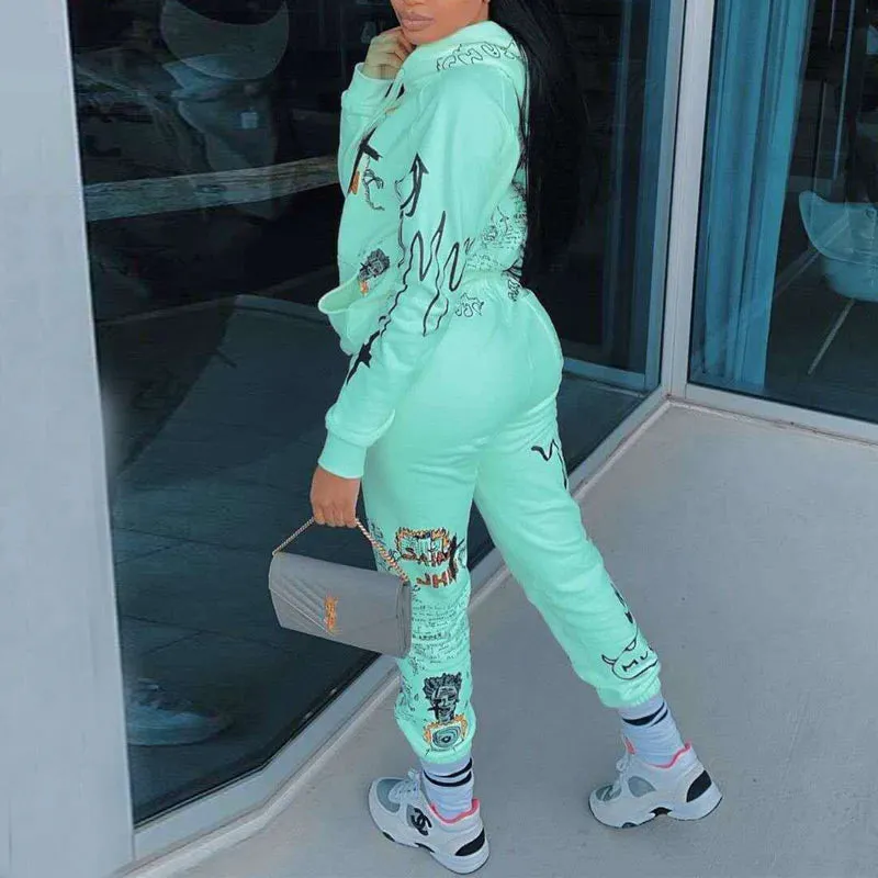 Letter Print Hoodies Casual Top & Pants Set