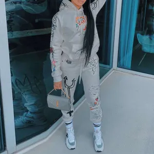 Letter Print Hoodies Casual Top & Pants Set