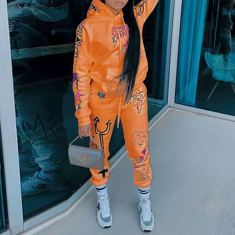 Letter Print Hoodies Casual Top & Pants Set