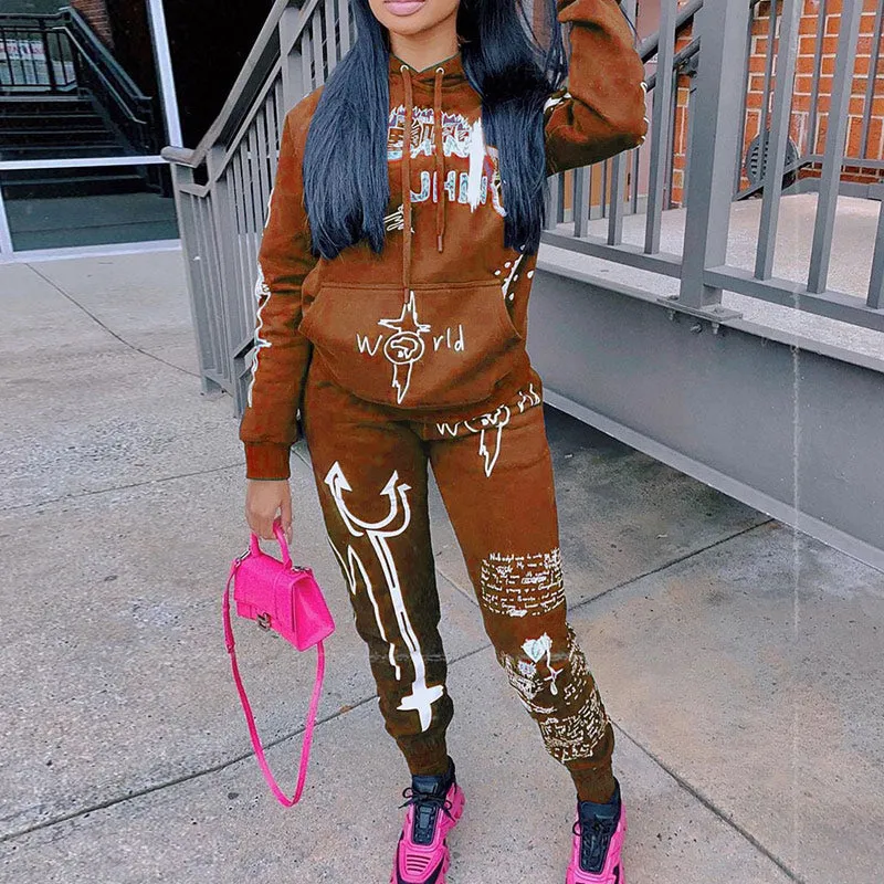 Letter Print Hoodies Casual Top & Pants Set
