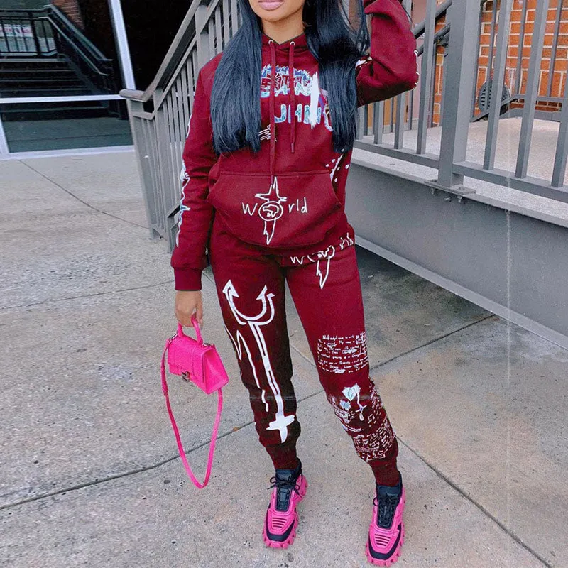 Letter Print Hoodies Casual Top & Pants Set