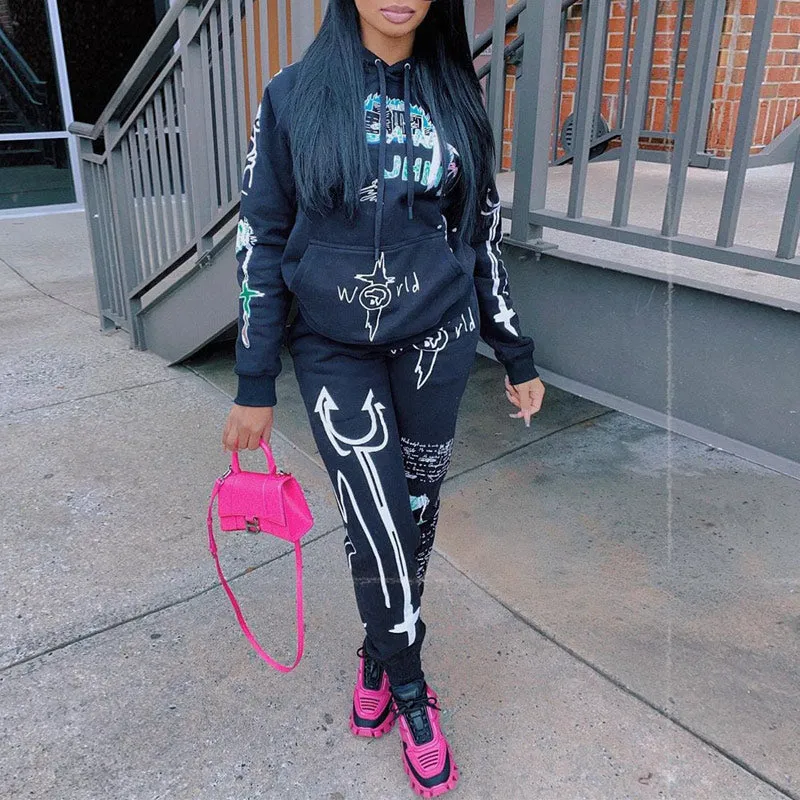 Letter Print Hoodies Casual Top & Pants Set