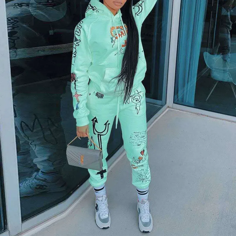 Letter Print Hoodies Casual Top & Pants Set
