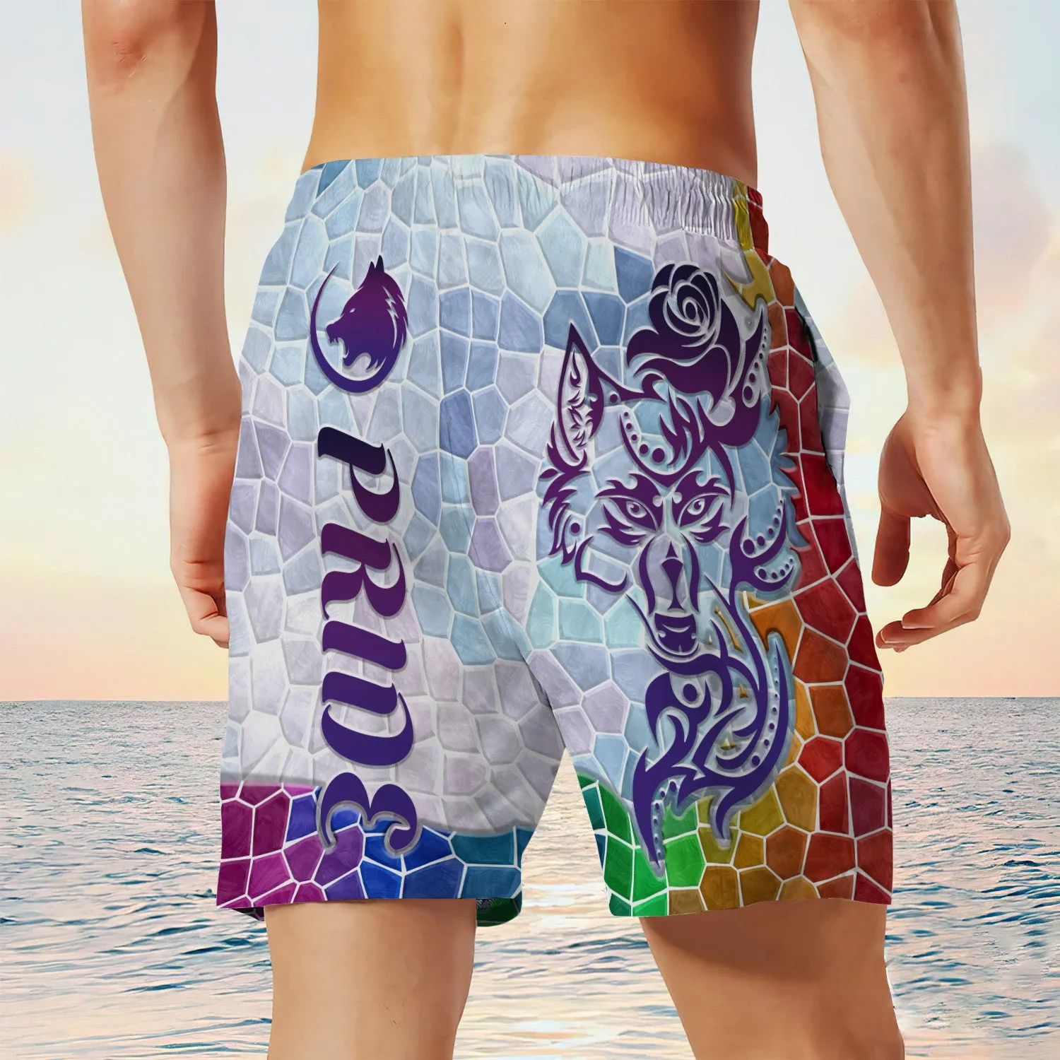 Lgbt Wolf Rose Tattoo Pride Swim Trunks, Gay Beach Shorts, Men's Swim Shorts